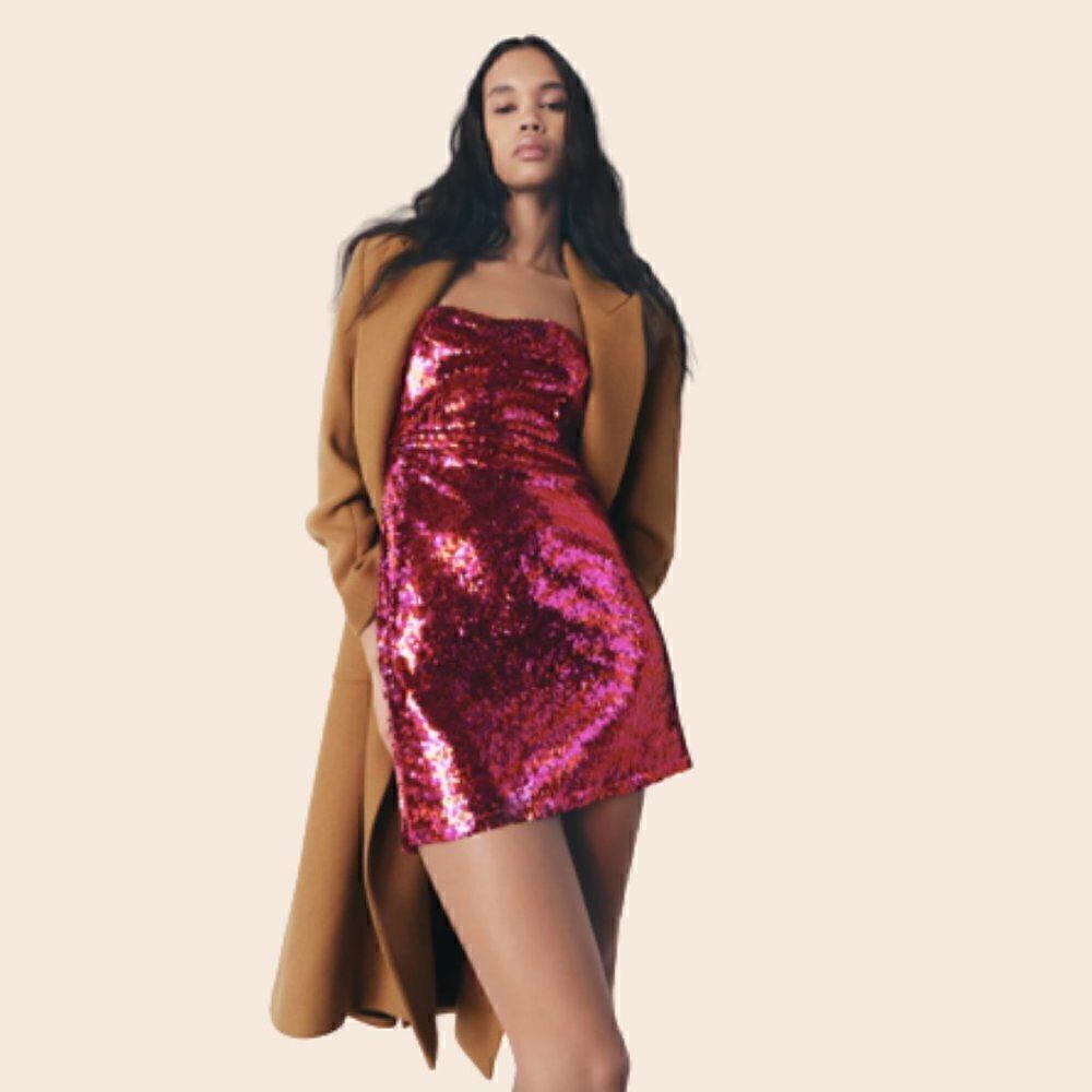 Zara Pink & Red Horizontal Striped Sequin Mini Dress Size XS